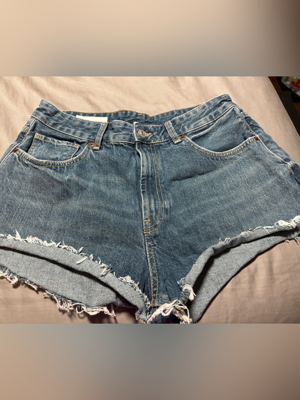 Zara Medium Blue Frayed Hem Denim Shorts